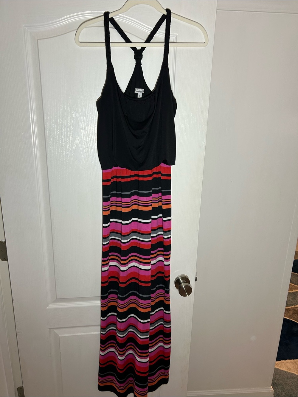 Black & Pink Striped Maxi Dress with Twist Back